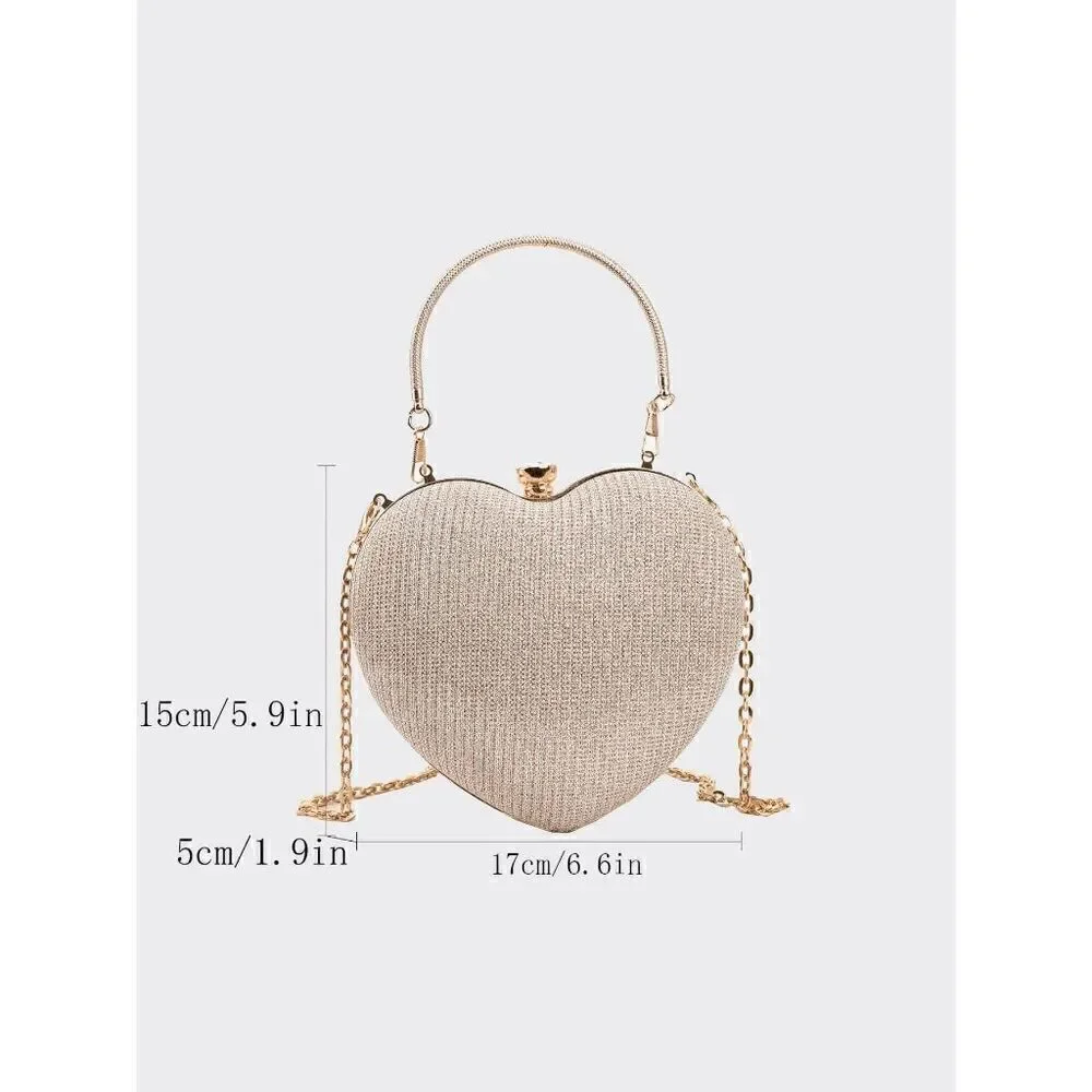 ❤️✨ Gold Sparkling Glitter Heart Shaped Top Handle Chain Clutch Purse Bag NEW